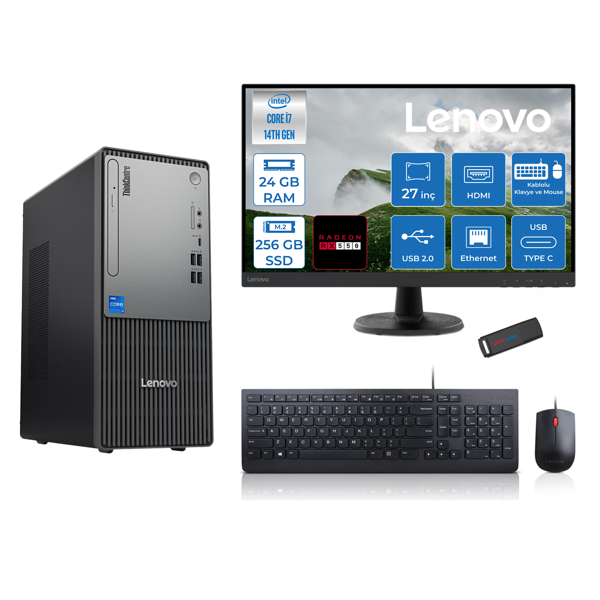 Lenovo Thinkcentre Neo 50T Gen5 Intel Core I7 14700 24GB Ddr5 256GB SSD 27 Inç Monitör Freedos Radeon RX550 4gb Masaüstü Bilgisayar 5502712UAS0GL00F06 + Zetta Flash Bellek - Image 1