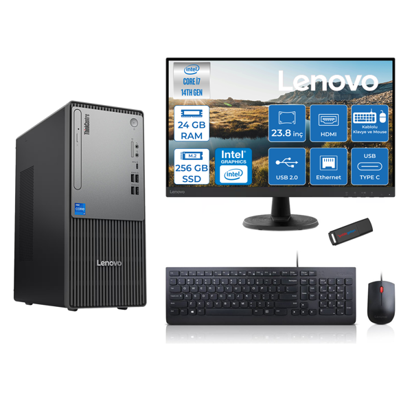 Lenovo Thinkcentre Neo 50T Gen5 Intel Core I7 14700 24GB Ddr5 256GB SSD 23.8 Inç Monitör Freedos Intel UHD 770 Masaüstü Bilgisayar 2412UAS0GL00F06 + Zetta Flash Bellek - Image 1