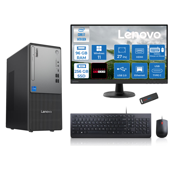 Lenovo Thinkcentre Neo 50T Gen5 Intel Core I7 14700 96GB Ddr5 256GB SSD 27 Inç Monitör Windows 11 Home Radeon RX550 4gb Masaüstü Bilgisayar 5502712UAS0GL00H26 + Zetta Flash Bellek - Image 1