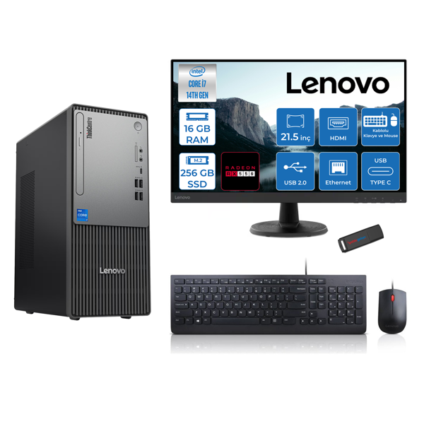 Lenovo Thinkcentre Neo 50T Gen5 Intel Core I7 14700 16GB Ddr5 256GB SSD 21.5 Inç Monitör Freedos Radeon RX550 4gb Masaüstü Bilgisayar 5502112UAS0GL00F01 + Zetta Flash Bellek - Image 1