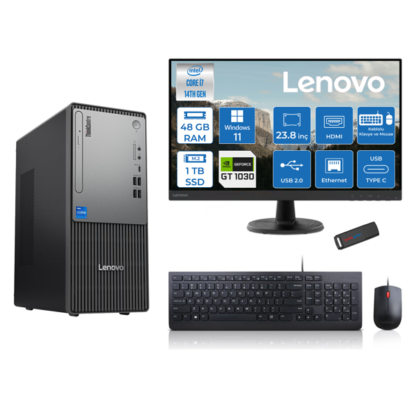 Lenovo Thinkcentre Neo 50T Gen5 Intel Core I7 14700 48GB Ddr5 1tb SSD 23.8 Inç Monitör Windows 11 Home Nvidia GT1030 4gb Masaüstü Bilgisayar 10302412UAS0GL00H18 + Zetta Flash Bellek - Image 1