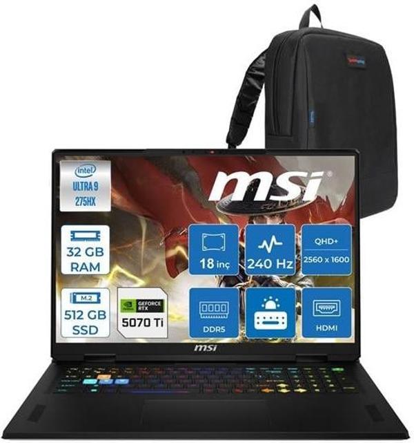 MSI Vector 18 Hx Aı Intel Core Ultra 9 275HX 32GB Ddr5 512GB SSD 12GB/RTX5070TI/140W 18" QHD+(2560X1600) 240Hz IPS Freedos Taşınabilir Bilgisayar A2XWHGTIF09 + Zettaçanta - Image 1