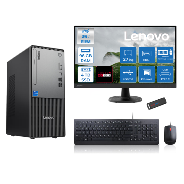 Lenovo Thinkcentre Neo 50T Gen5 Intel Core I7 14700 96GB Ddr5 4tb SSD 27 Inç Monitör Freedos Radeon RX550 4gb Masaüstü Bilgisayar 5502712UAS0GL00F30 + Zetta Flash Bellek - Image 1