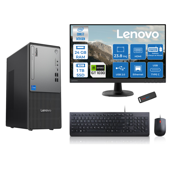 Lenovo Thinkcentre Neo 50T Gen5 Intel Core I7 14700 24GB Ddr5 1tb SSD 23.8 Inç Monitör Freedos Nvidia GT1030 4gb Masaüstü Bilgisayar 10302412UAS0GL00F08 + Zetta Flash Bellek - Image 1