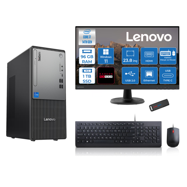 Lenovo Thinkcentre Neo 50T Gen5 Intel Core I7 14700 96GB Ddr5 1tb SSD 23.8 Inç Monitör Windows 11 Pro Radeon RX550 4gb Masaüstü Bilgisayar 5502412UAS0GL00P28 + Zetta Flash Bellek - Image 1