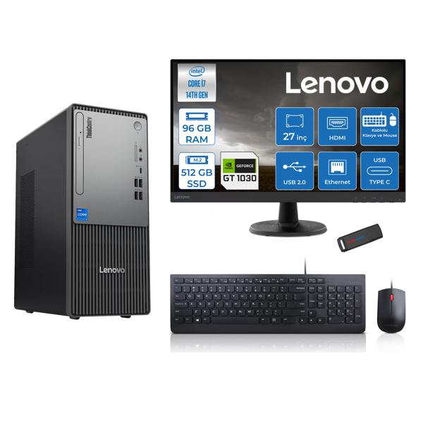 Lenovo Thinkcentre Neo 50T Gen5 Intel Core I7 14700 96GB Ddr5 512GB SSD 27 Inç Monitör Freedos Nvidia GT1030 4gb Masaüstü Bilgisayar 10302712UAS0GL00F27 + Zetta Flash Bellek - Image 1