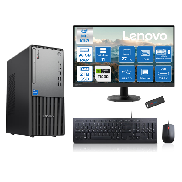 Lenovo Thinkcentre Neo 50T Gen5 Intel Core I7 14700 96GB Ddr5 2tb SSD 27 Inç Monitör Windows 11 Pro Quadro T1000 4gb Masaüstü Bilgisayar 10002712UAS0GL00P29 + Zetta Flash Bellek - Image 1