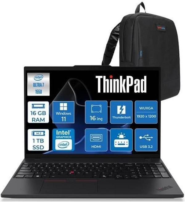 Lenovo Thinkpad T16 Gen3 Ultra 7 155U 16GB Ddr5 1tb SSD Intel Graphics 16" Wuxga IPS 300NITS Windows 11 Pro Taşınabilir Bilgisayar 21MQS6HS00H02 + Zettaçanta - Image 1