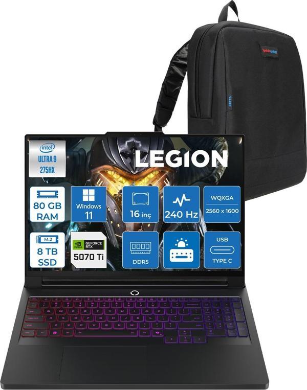 Lenovo Legion Pro 7 Intel Core Ultra 9 275HX 80GB Ddr5 8tb SSD Windows 11 Pro 12GB RTX5070TI 140W 16" Wqxga (2560X1600) OLED 500NITS 240HZ Taşınabilir Bilgisayar 83F5004QTRP49 + Zetta Çanta - Image 1