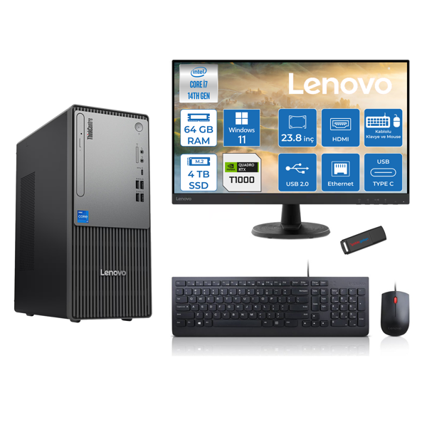 Lenovo Thinkcentre Neo 50T Gen5 Intel Core I7 14700 64GB Ddr5 4tb SSD 23.8 Inç Monitör Windows 11 Pro Quadro T1000 4gb Masaüstü Bilgisayar 10002412UAS0GL00P25 + Zetta Flash Bellek - Image 1