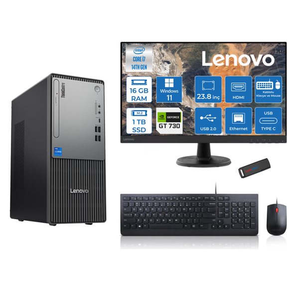 Lenovo Thinkcentre Neo 50T Gen5 Intel Core I7 14700 16GB Ddr5 1tb SSD 23.8 Inç Monitör Windows 11 Pro Nvidia GT730 4gb Masaüstü Bilgisayar 7302412UAS0GL00P03 + Zetta Flash Bellek - Image 1