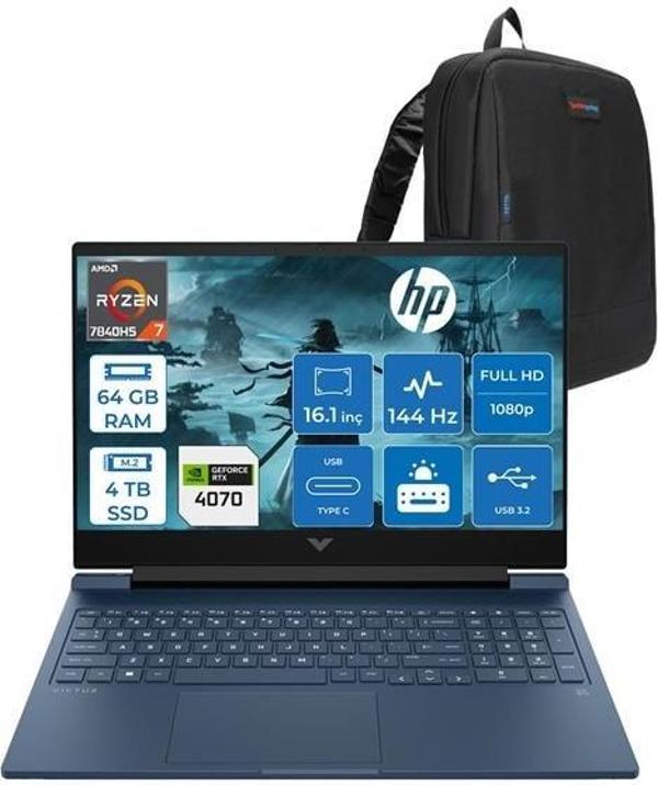 Victus 16-S0007NT Ryzen 7 7840HS 64GB Ddr5 4tb SSD 8GB/RTX4070/120W 16.1" 144Hz IPS Fhd Windows 11 Pro Taşınabilir Bilgisayar HP7Z581EAP19 + Zettaçanta - Image 1