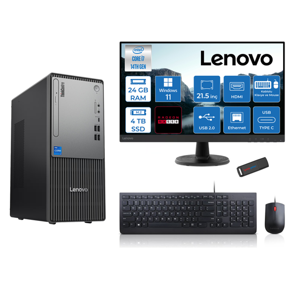 Lenovo Thinkcentre Neo 50T Gen5 Intel Core I7 14700 24GB Ddr5 4tb SSD 21.5 Inç Monitör Windows 11 Home Radeon RX550 4gb Masaüstü Bilgisayar 5502112UAS0GL00H10 + Zetta Flash Bellek - Image 1