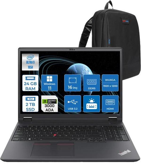 Lenovo Mws P16V V2 G5 Ultra 9 Vpro 185H 24GB Ddr5 2tb SSD 8GB/RTXA3000 16" Wuxga IPS 300NITS Windows 11 Pro Taşınabilir Bilgisayar 21KX001STXH07 + Zettaçanta - Image 1