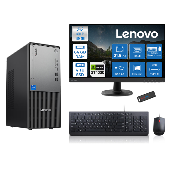 Lenovo Thinkcentre Neo 50T Gen5 Intel Core I7 14700 64GB Ddr5 4tb SSD 21.5 Inç Monitör Freedos Nvidia GT1030 4gb Masaüstü Bilgisayar 10302112UAS0GL00F25 + Zetta Flash Bellek - Image 1
