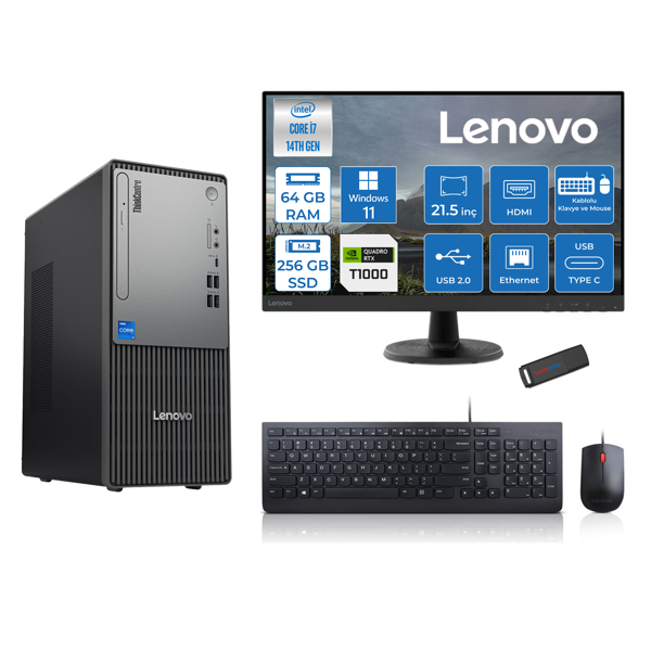Lenovo Thinkcentre Neo 50T Gen5 Intel Core I7 14700 64GB Ddr5 256GB SSD 21.5 Inç Monitör Windows 11 Pro Quadro T1000 4gb Masaüstü Bilgisayar 10002112UAS0GL00P21 + Zetta Flash Bellek - Image 1