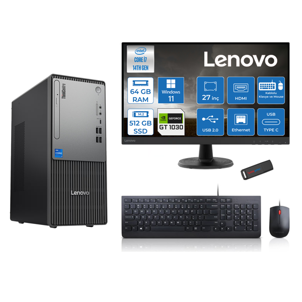 Lenovo Thinkcentre Neo 50T Gen5 Intel Core I7 14700 64GB Ddr5 512GB SSD 27 Inç Monitör Windows 11 Pro Nvidia GT1030 4gb Masaüstü Bilgisayar 10302712UAS0GL00P22 + Zetta Flash Bellek - Image 1
