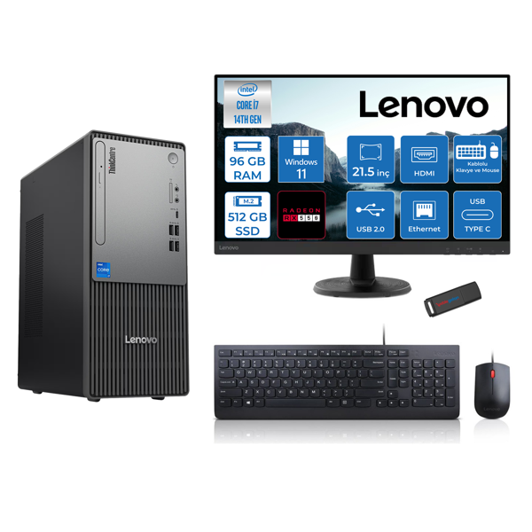 Lenovo Thinkcentre Neo 50T Gen5 Intel Core I7 14700 96GB Ddr5 512GB SSD 21.5 Inç Monitör Windows 11 Pro Radeon RX550 4gb Masaüstü Bilgisayar 5502112UAS0GL00P27 + Zetta Flash Bellek - Image 1