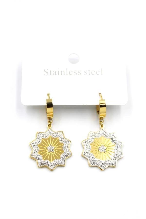 Taşlı Yıldız Çelik Halka Küpe - Altın - Image 1