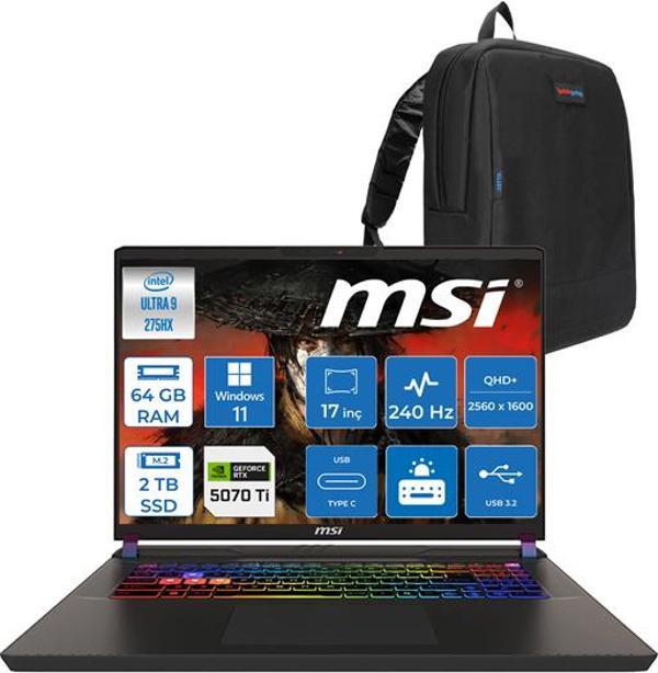 Msı Vector 17 Hx Aı Intel Core Ultra 9-275HX 80GB Ddr5 2tb SSD 12GB/RTX5070TI/140W 17” Qhd+ (2560X1600) 240Hz Windows 11 Pro Taşınabilir Bilgisayar A2XWHGP27 + Zettaçanta - Image 1