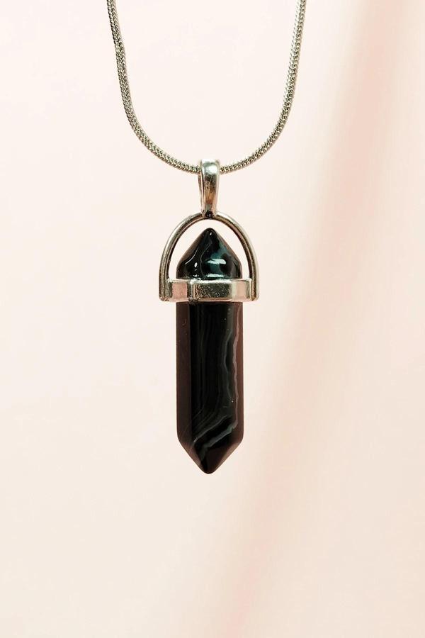 Obsidyen Doğal Taşı Zincirli El Yapımı Tasarımlı Kolye Uç: 3,5 cm Zincir: 20 cm Kutulu - Image 1