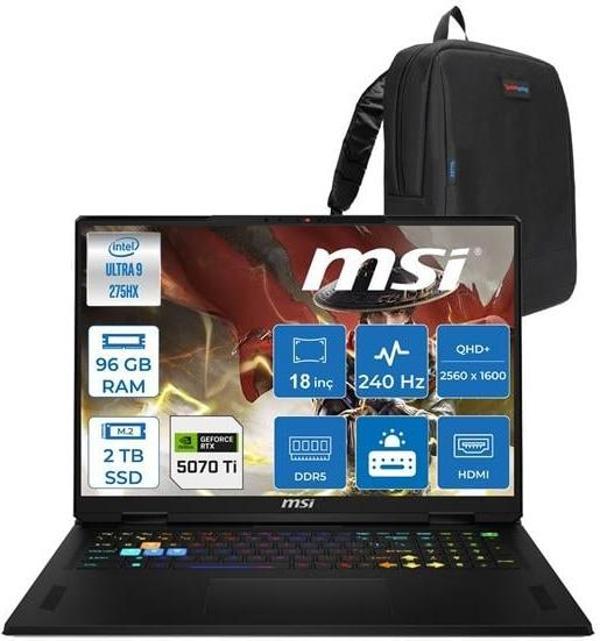 MSI Vector 18 Hx Aı Intel Core Ultra 9 275HX 96GB Ddr5 2tb SSD 12GB/RTX5070TI/140W 18" QHD+(2560X1600) 240Hz IPS Freedos Taşınabilir Bilgisayar A2XWHGTIF23 + Zettaçanta - Image 1