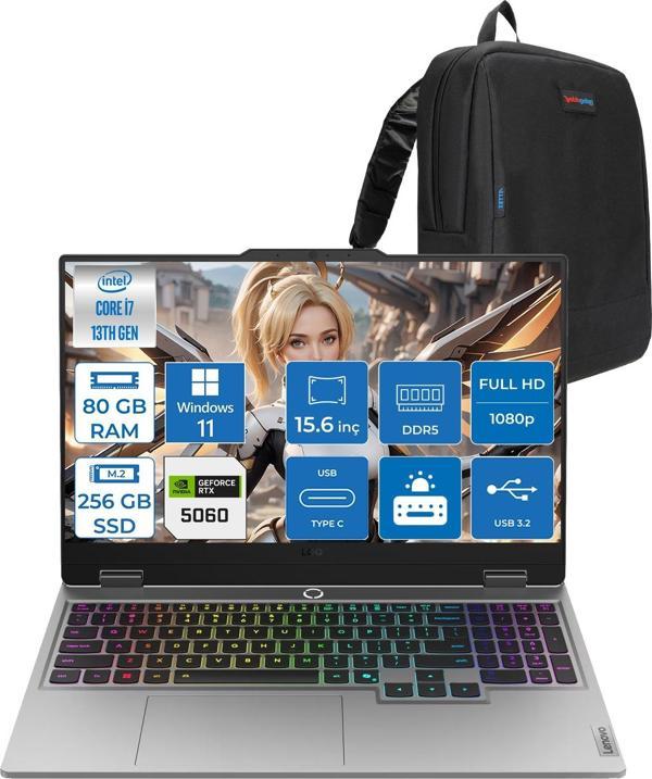 Lenovo Loq Intel Core I7-13700HX 80GB Ddr5 256GB SSD 8GB/RTX5060 100W Gddr7 15.6" Fhd (1920X1080) IPS 300NITS 144Hz Gsynic Windows 11 Home Taşınabilir Bilgisayar.83JE00LFTRH21+ZETTAÇANTA - Image 1