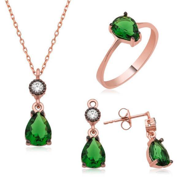 Gümüş Yeşil Damla Taşlı Bayan Set SL1309 - Image 1