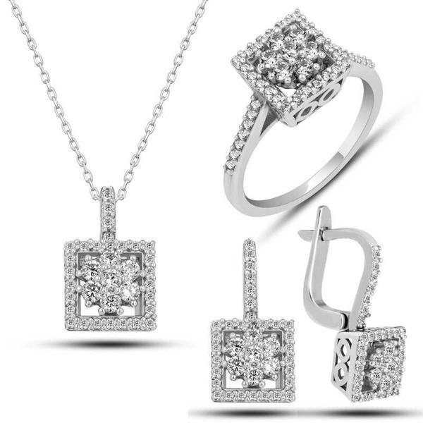 Gümüş Kare Zirkon Taşlı Kadın Set SL5733 - Image 1
