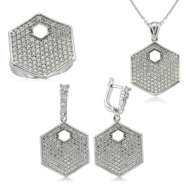 Gümüş Zirkon Taşlı Altıgen Bayan Set  SL2300 - Image 1