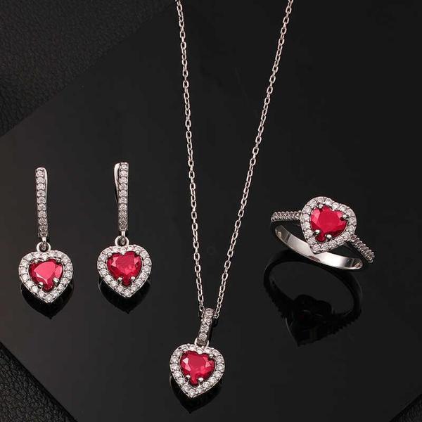Gümüş Kırmızı Taşlı Kalpli Kadın Set SL6048 - Image 1