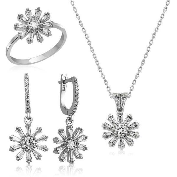 Gümüş Trapez Taşlı  Çiçek Bayan Set SL3476 - Image 1