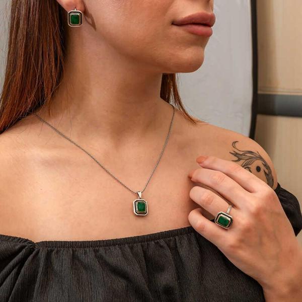 Gümüş Yeşil Taşlı Otantik Kadın Set SL9641 - Image 1