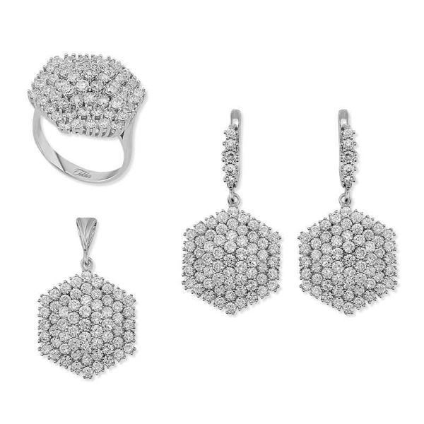 Gümüş Zirkon Taşlı Altıgen Bayan Set  SL2279 - Image 1