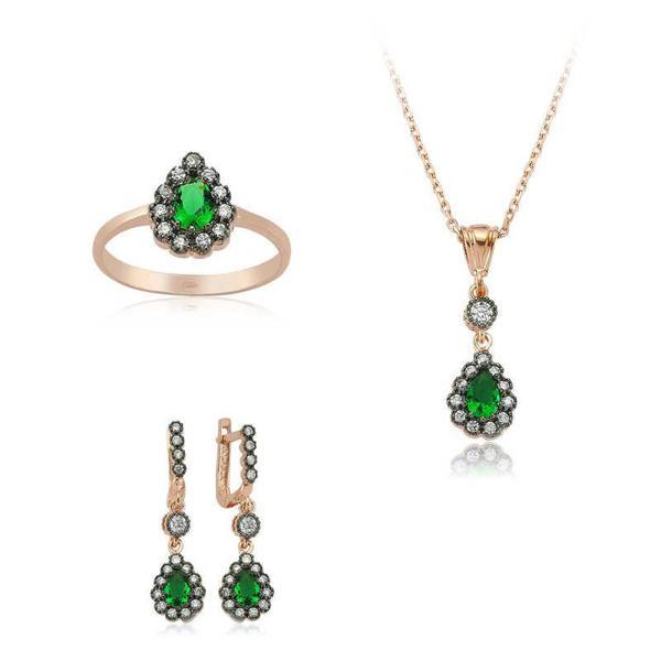 Gümüş Yeşil Taşlı Damla Bayan Set  SL2254 - Image 1
