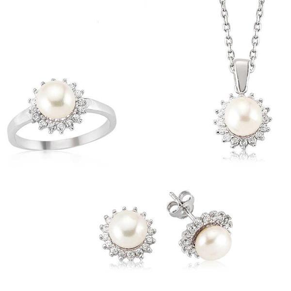 Gümüş Zirkon Taşlı İnci Bayan Set SL5973 - Image 1