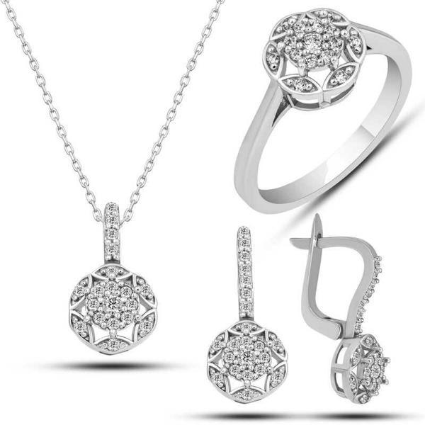 Gümüş Beyaz Zirkon Taşlı Çiçek Kadın Set SL5730 - Image 1