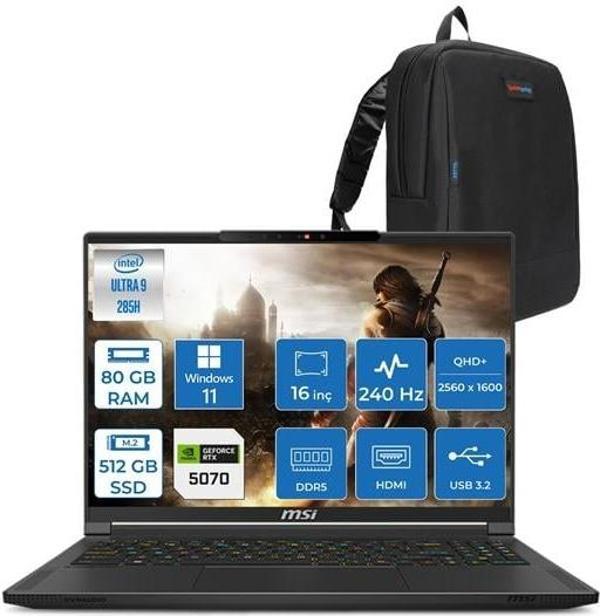 Msı Stealth 16 Aı Ultra 9 285H 80GB Ddr5 512GB SSD 8GB/RTX5070/95W 16" Qhd+ 240hz OLED Windows 11 Home Taşınabilir Bilgisayar A2HWGGH21 + Zettaçanta - Image 1