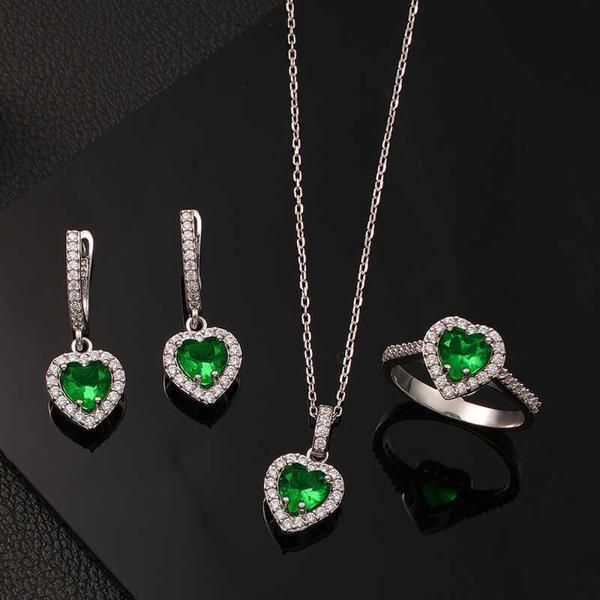 Gümüş Yeşil Taşlı Kalpli Kadın Set SL6051 - Image 1
