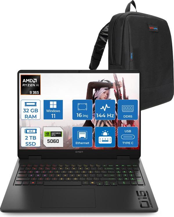 Hp Omen 16-AP0020NT Amd Ryzen Aı 9 365 32GB Ddr5 2tb SSD RTX5060 8gb Gddr7 16 Inç Wuxga (1920 x 1200) 144Hz 300NITS IPS Windows 11 Home Taşınabilir Bilgisayar C12CPEAH15 + Zetta Çanta - Image 1