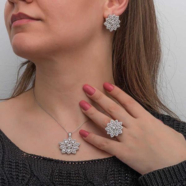 Gümüş Zirkon Taşlı Çiçek Kadın Set  SL7132 - Image 1