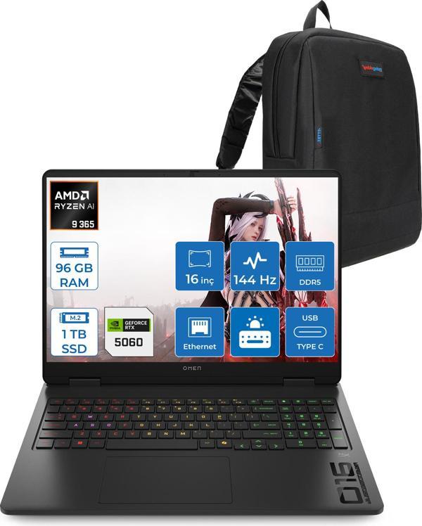 Hp Omen 16-AP0020NT Amd Ryzen Aı 9 365 96GB Ddr5 1tb SSD RTX5060 8gb Gddr7 16 Inç Wuxga (1920 x 1200) 144Hz 300NITS IPS Freedos Taşınabilir Bilgisayar C12CPEAF44 + Zetta Çanta - Image 1