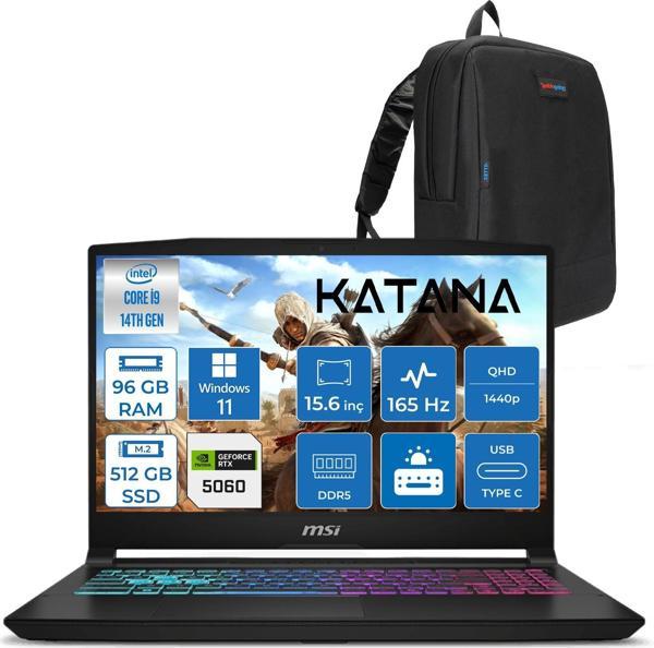 Msı Katana 15 Hx Intel Core I9 14900HX 96GB Ddr5 512GB SSD Windows 11 Pro RTX5060 8gb 115W 15.6" 2k QHD(2560X1440) 165Hz Taşınabilir Bilgisayar B14WFK450XTRP51 + Zetta Çanta - Image 1