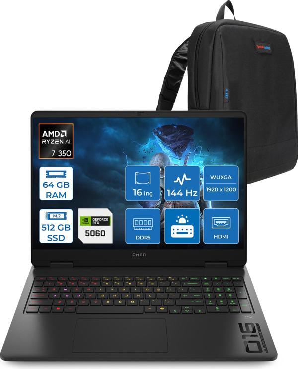 Hp Omen Gaming Laptop Amd Ryzen™ Aı 7 350 64GB Ddr5 512GB SSD 8GB/RTX5060 Gddr7 16" 144 Hz, IPS  300 Nits IPS 2k (1920 x 1200 Freedos Gaming BILG.BL6W4EAF17+ZETTAÇANTA - Image 1