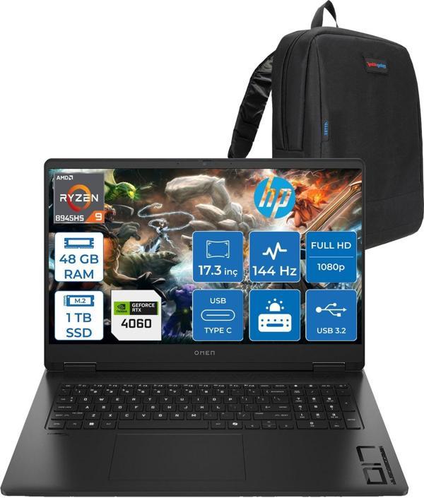 Hp Omen 17-DB0017NT Amd Ryzen Aı 9-8945HS 48GB Ddr5 1tb SSD 8GB/RTX4060 17.3" Fhd 144HZ IPS 300NIT Freedos Gaming BILG.A44QNEAF13+ZETTAÇANTA - Image 1