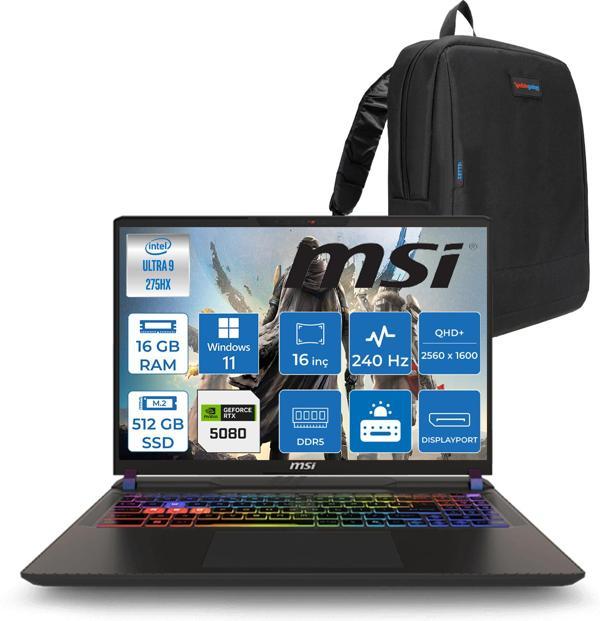 Msı Vector 16 Intel Core Ultra 9 275HX 16GB 512GB SSD RTX5080 16GB Tdp 175W Gddr7 Windows 11 Home 16" Qhd+ 240Hz Taşınabilir Bilgisayar A2XWIG090XTRH01 + Zetta Çanta - Image 1
