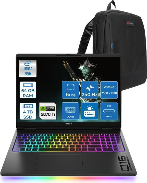 Hp Omen Max 16-AH0037NT Intel Core Ultra 9 275HX 64GB Ddr5 4tb SSD Freedos 12GB Nvıdıa RTX5070TI 16 Inç 500NITS 2k Wqxga (2560 x 1600) 240HZ 3ms IPS Siyah C52QYEAF34 + Zetta Çanta - Image 1