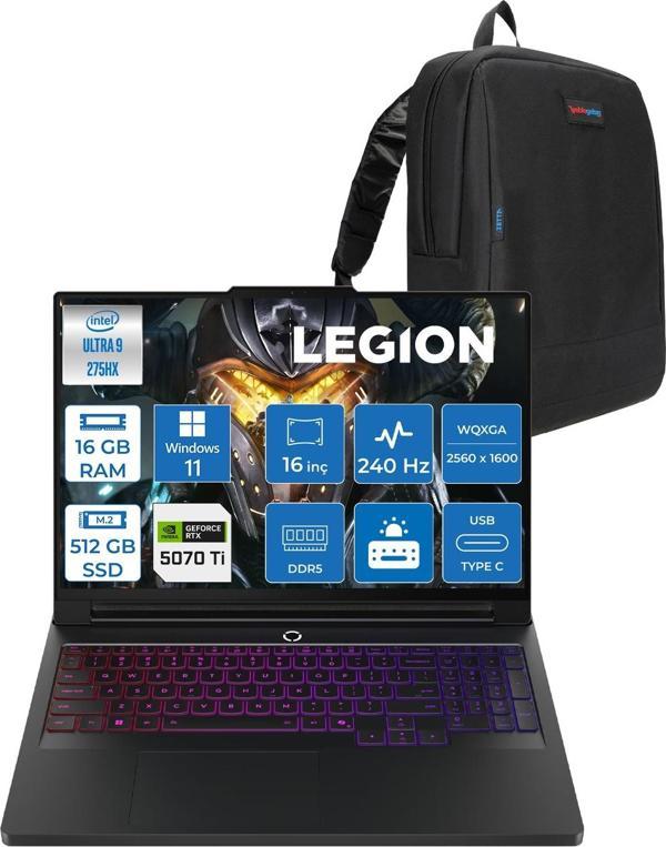 Lenovo Legion Pro 7 Intel Core Ultra 9 275HX 16GB Ddr5 512GB SSD Windows 11 Pro 12GB RTX5070TI 140W 16" Wqxga (2560X1600) OLED 500NITS 240HZ Taşınabilir Bilgisayar 83F5004QTRP02 + Zetta Çanta - Image 1