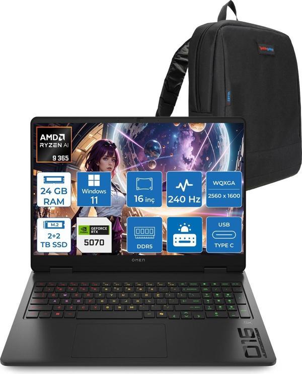 Hp Omen Amd Ryzen™ Aı 9 365 Ddr5 24GB 2tb Ssd+2tb SSD 16INÇ Wqxga (2560 x 1600), 240 Hz, 3 Ms 500NİTS IPS WINDOWS11PRO Gaming Laptop C52QZEAP06+ZETTAÇANTA - Image 1