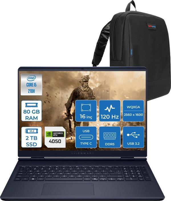 Dell Alienware 16 Aurora Intel Core 5 210H 80GB Ddr5 2tb SSD RTX4050 6gb 85W Freedos 16" WQXGA(2560X1600) 120Hz 300NITS Taşınabilir Bilgisayar AC16250F34 + Zetta Çanta - Image 1